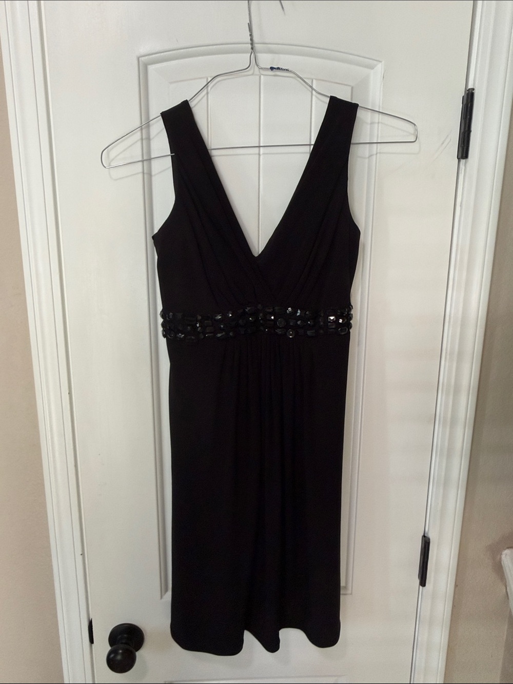 B. Smart Black V-Neck Midi Dress with Beaded Waist